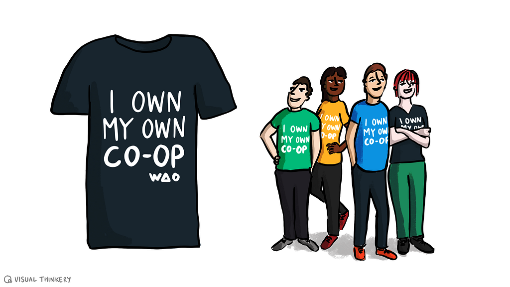 Illustration showing a t-shirt saying “I own my own co-op” along with the WAO logo. Several people are also stood together wearing different colours of the t-shirt.