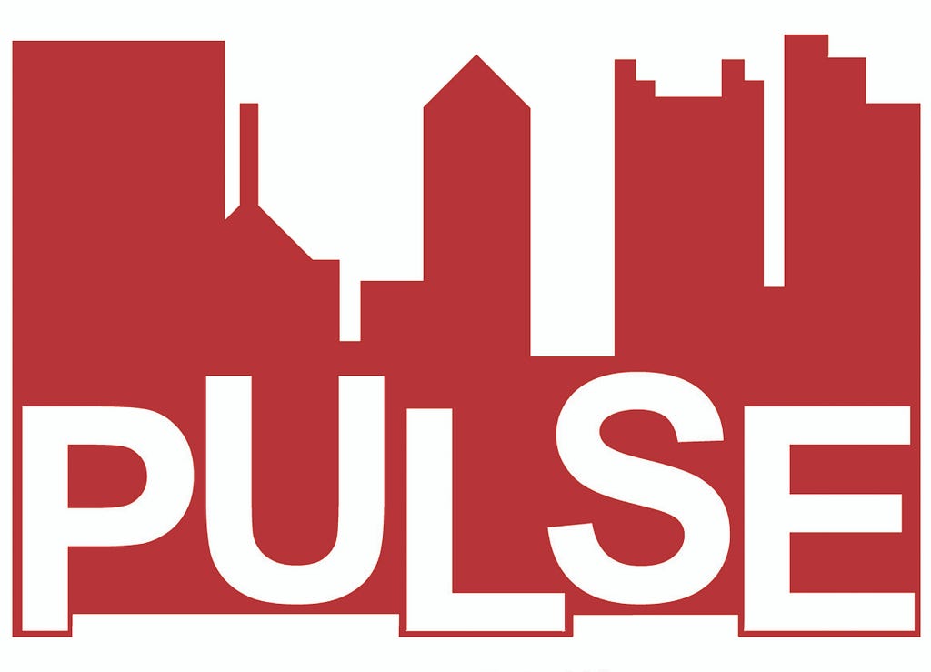 A rudimentary version of the Pittsburgh City skyline lies in the background in a solid red color with PULSE in large, white capital letters lies in the foreground with each letter alternating up and down slightly