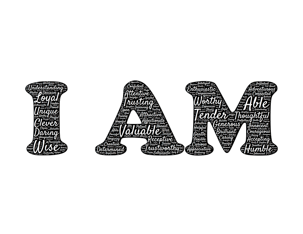 “I am” in a black font made up of other words on a white background