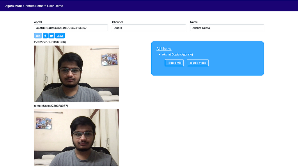 Screenshot of the video calling application we will be developing.