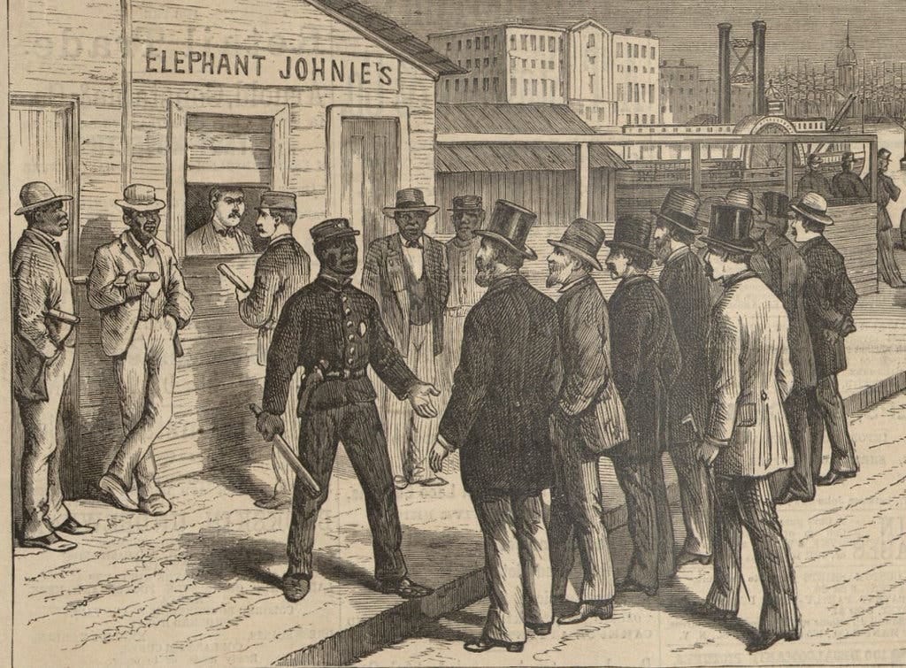 A depiction of a Black policeman addressing a crowd during Reconstruction. (Credit: LaRC/Tulane University)