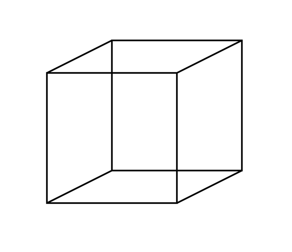 A white image with a single 3D-shaped white cube. Like in geometry, all sides are opaque and all borders are black.