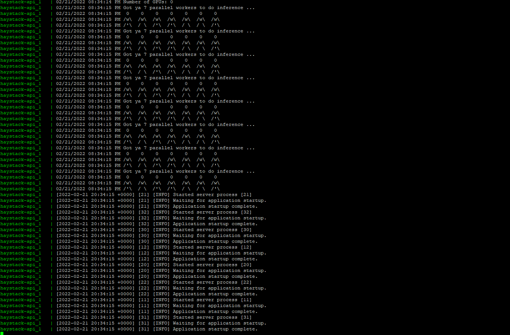 Screenshot of the Terminal of a successfully running, CPU-enabled Haystack instance