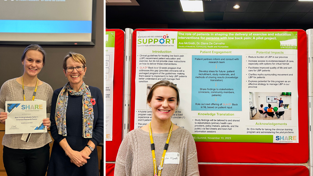 A collection of 2 photos of attendees at the SHARE Summit 2023. The photo on the left shows a staff member of NL SUPPORT standing next to an undergraduate student holding a certificate. The photo on the right shows an undergraduate student standing on the left side of their poster.