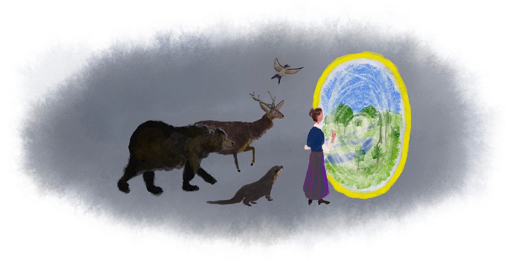 A woman in a blue blouse and long skirt stands in front of a glowing yellow portal or mirror, through which a lush green forest is visible. Behind her, a bear, a deer with antlers, and an otter appear to follow, while a swallow soars overhead. The background is a soft gray haze, highlighting the bright, circular portal reflecting a vibrant natural landscape.