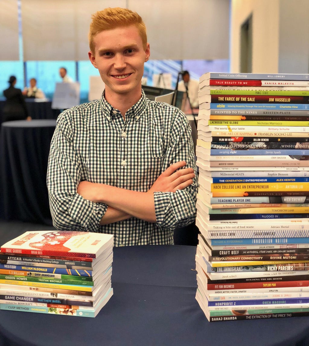 Photo Description: Brian Bies (Me), Head of Publishing standing with the first 15 Books we published (Left) and 43 Books we published in Spring 2018 (Right)
