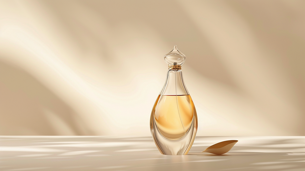 Product photography, a perfume bottle, on a clean light beige background