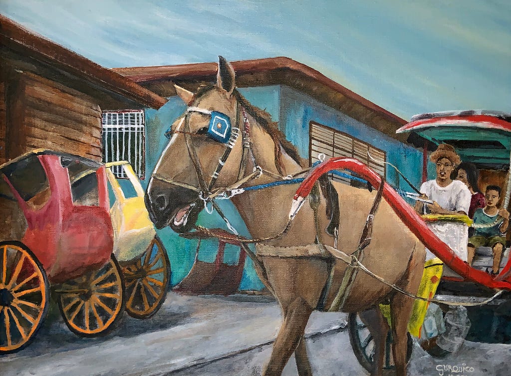 A painting of a Calesa, a horse drawn carriage being driven with a family onboard through the streets of Tondo Manila.