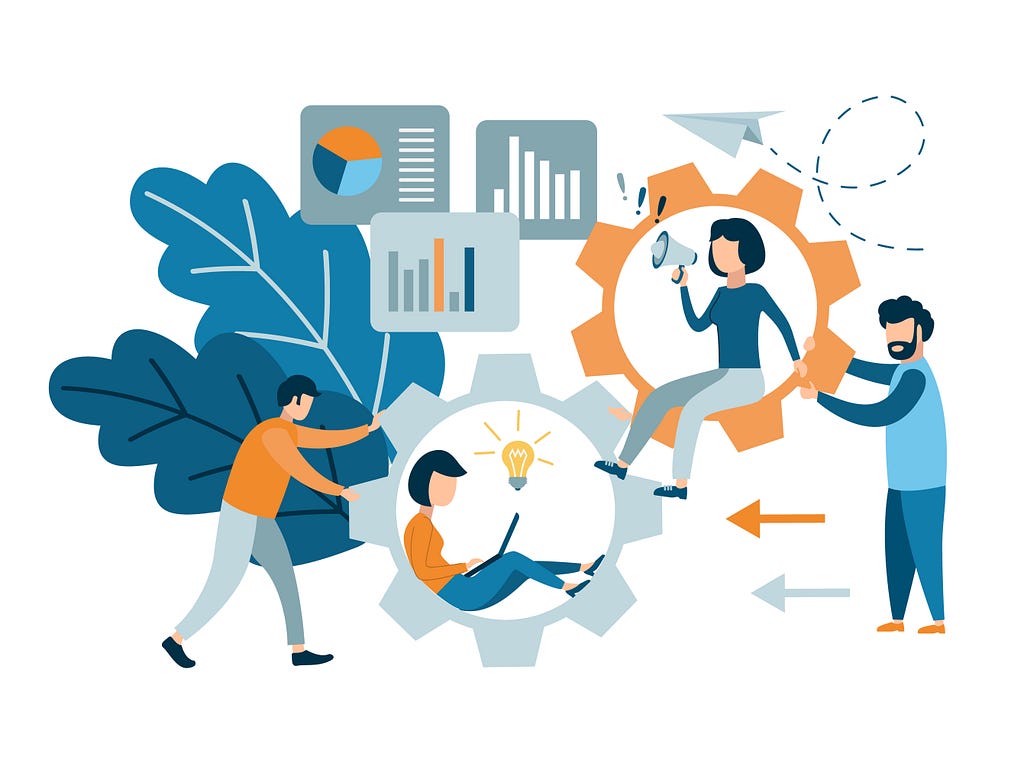 Flat style modern teamwork, workforce staff infographic concept. Conceptual web illustration of business people on cog wheels. Vector illustration