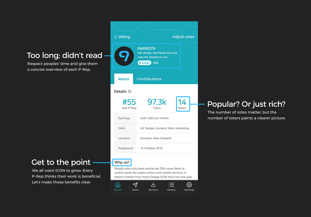 The P-Rep About page, with tooltips for their summary, number of voters, and why you should vote for them.