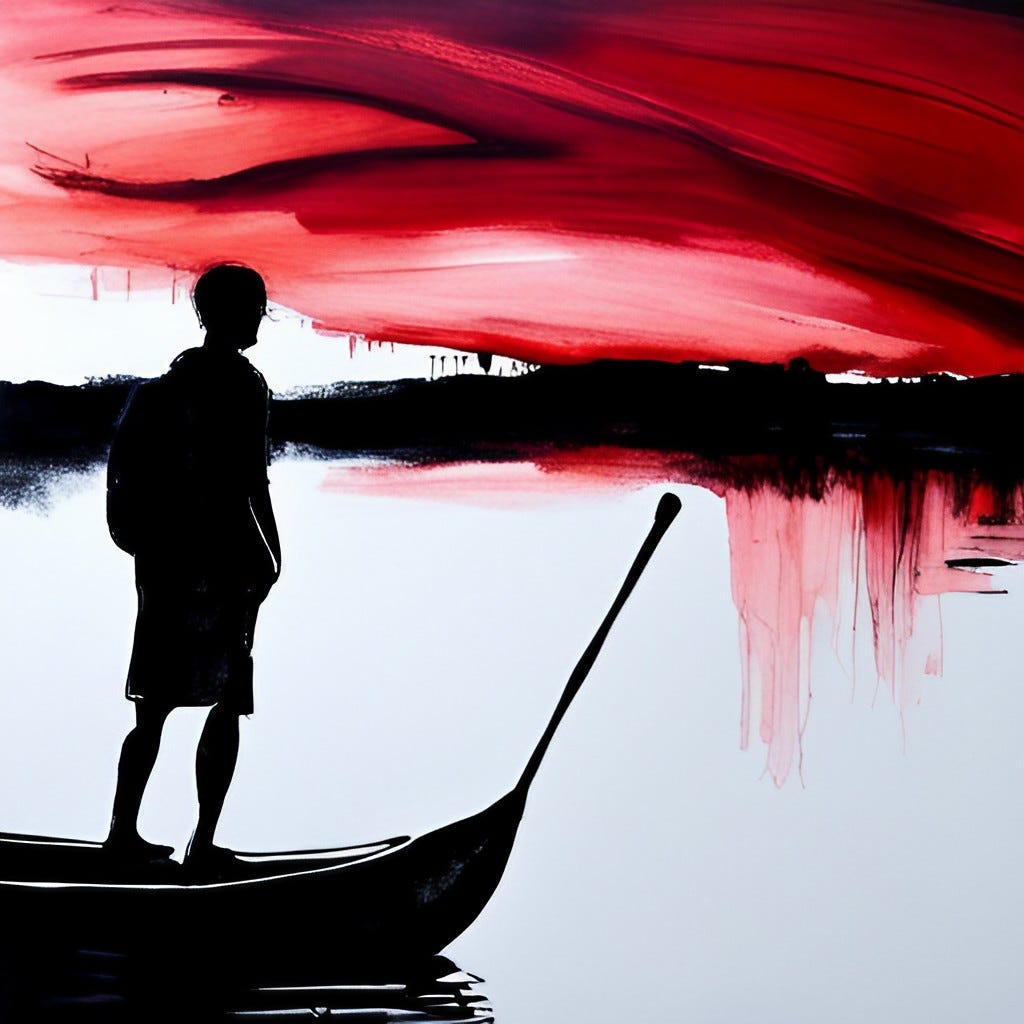 Man stands in a canoe and looks out over the sea with a red sky.