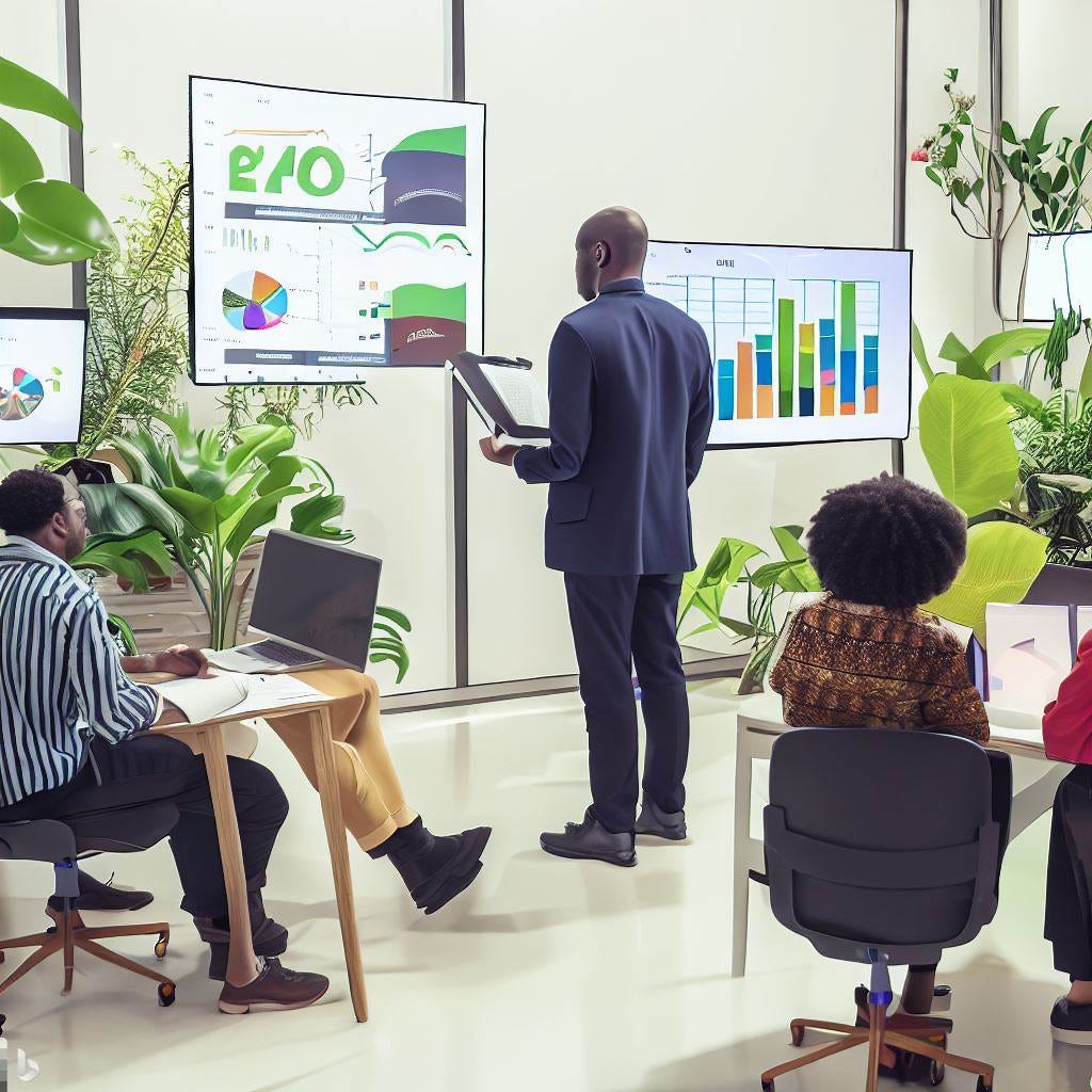 Imagem gerada por inteligência artificial. Nela, três pessoas pretas usam computadores e leem telas com gráficos estatísticos em um escritório repleto de plantas.