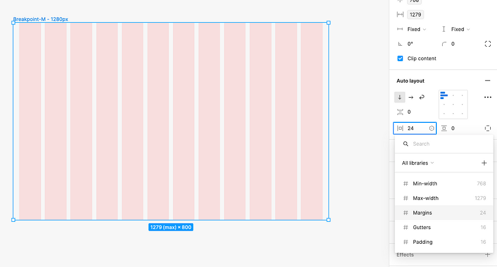 Image from Figma showing how to apply the margin variable to the horizontal padding in the auto layout constraints.
