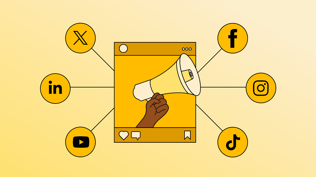This is a yellow image of a picture of a hand holding a bullhorn. The hand holding the bull horn is made to look like it’s protruding out of the image of an Instagram-style picture frame with the heart “Like”, comment, and save icons on the bottom of the frame. Coming from the bull horn are social media icons representing the platforms and the bullhorn and hand representing the influencer talking about and marketing these platforms.