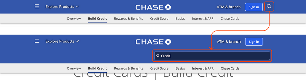 A screenshot of the Chase website header section, highlighting the search icon and search input.