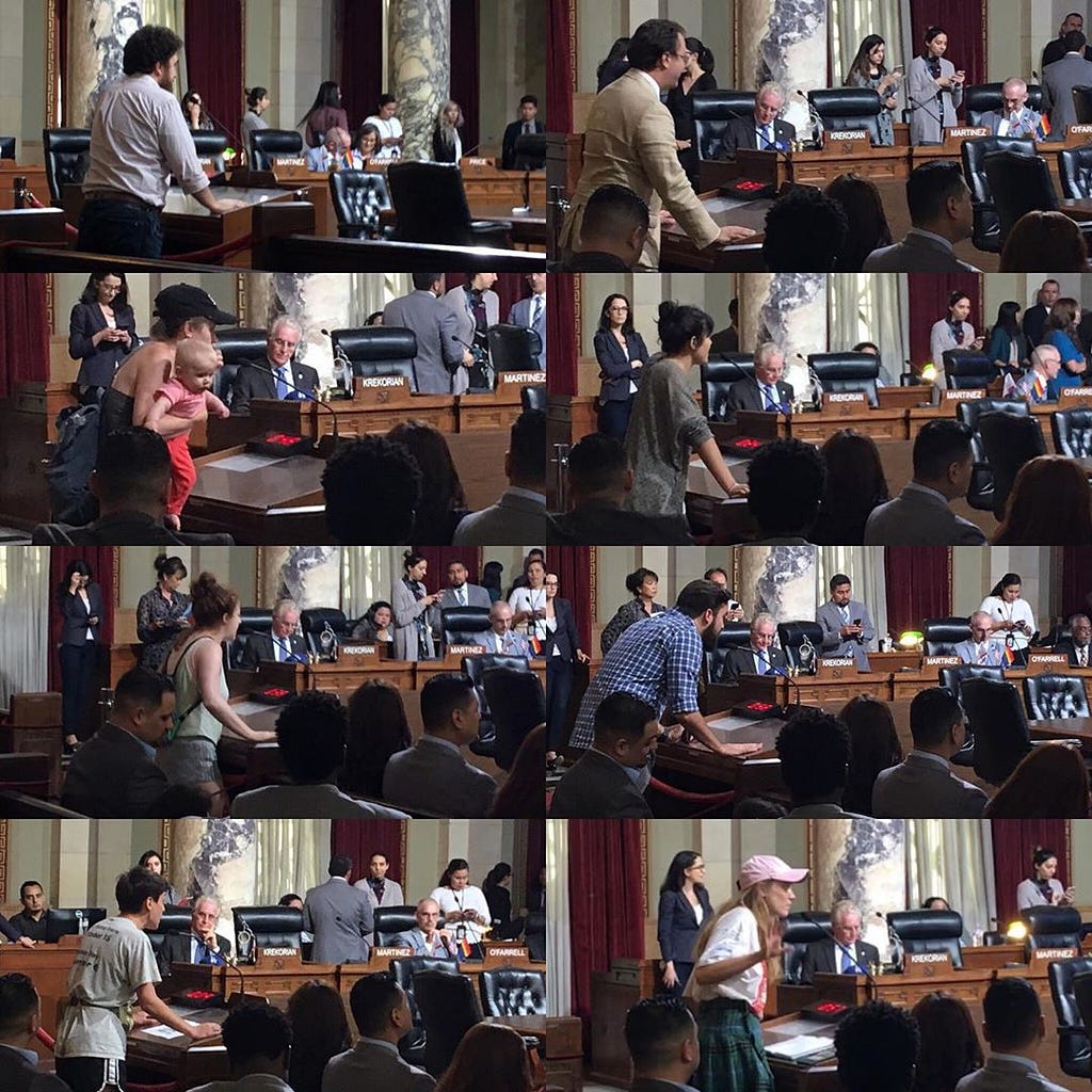 8 photos in a grid of Ground Game and allies giving public comment at LA City Hall