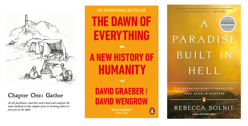The covers of Graeber & Wengrow’s the Dawn of Everything, Rebecca Solnit’s A Paradise Built in Hell, Buried With Ceremony’s The Quiet Year