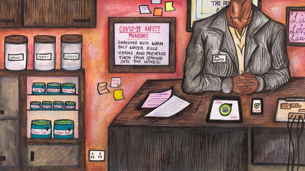 Watercolour and ink artwork. To the right of the frame, a doctor with a name badge reading “Dr. Aunty” is sitting at her desk, fingers interlaced. The head is not visible in the frame. On the desk there are two mobile devices, one tablet and one phone, both displaying the words VIRUS and a WhatsApp type logo. Behind the doctor are several post it notes and signs, the largest to the centre-left reads “COVID-19 SAFETY MEASURES — Gargling with warm salt water kills germs and prevents them from lea