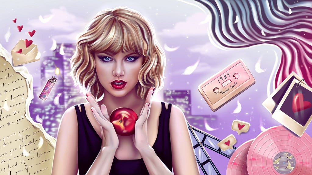 taylor swift 1989 music album fan art digital illustration purple pink colorful portrait red apple lighter videotape vinyl love