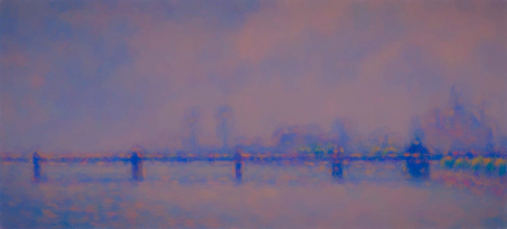A bridge under a purple sky—a painting similar to Monet’s Charing Cross Bridge series in this case under a twilight effect.