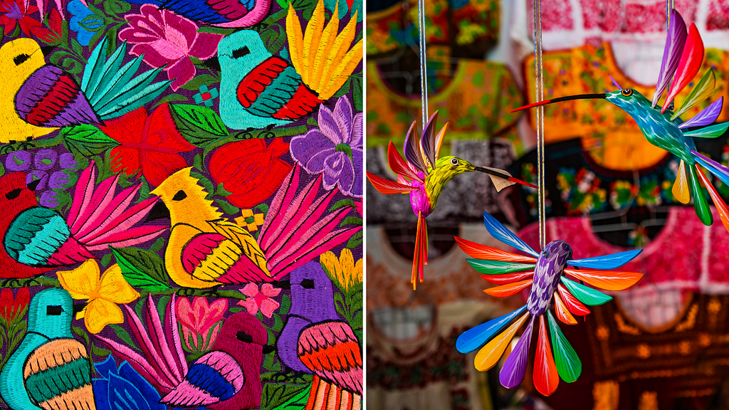 Birds embroidered on bags and hummingbird alebrijes