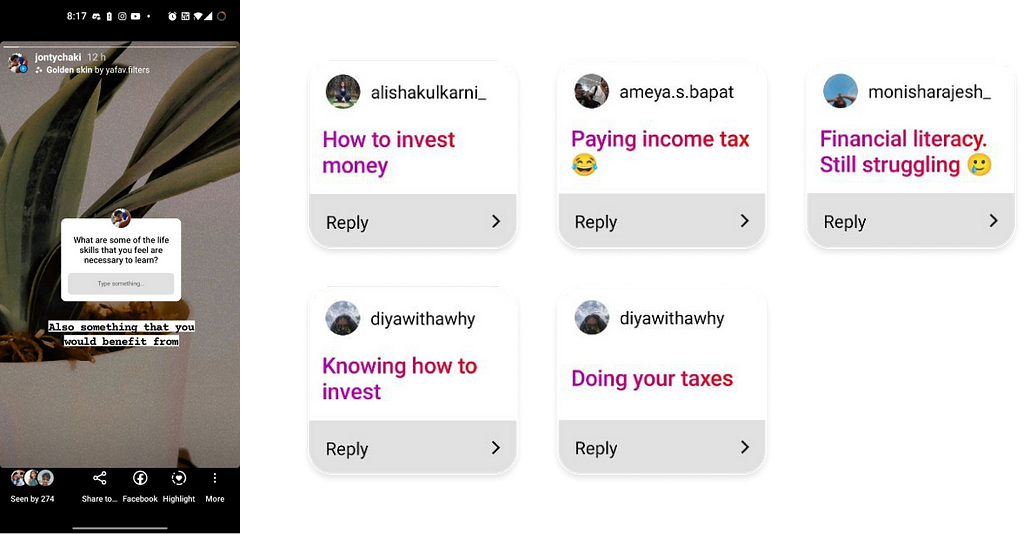 Screenshots of responses on insta story