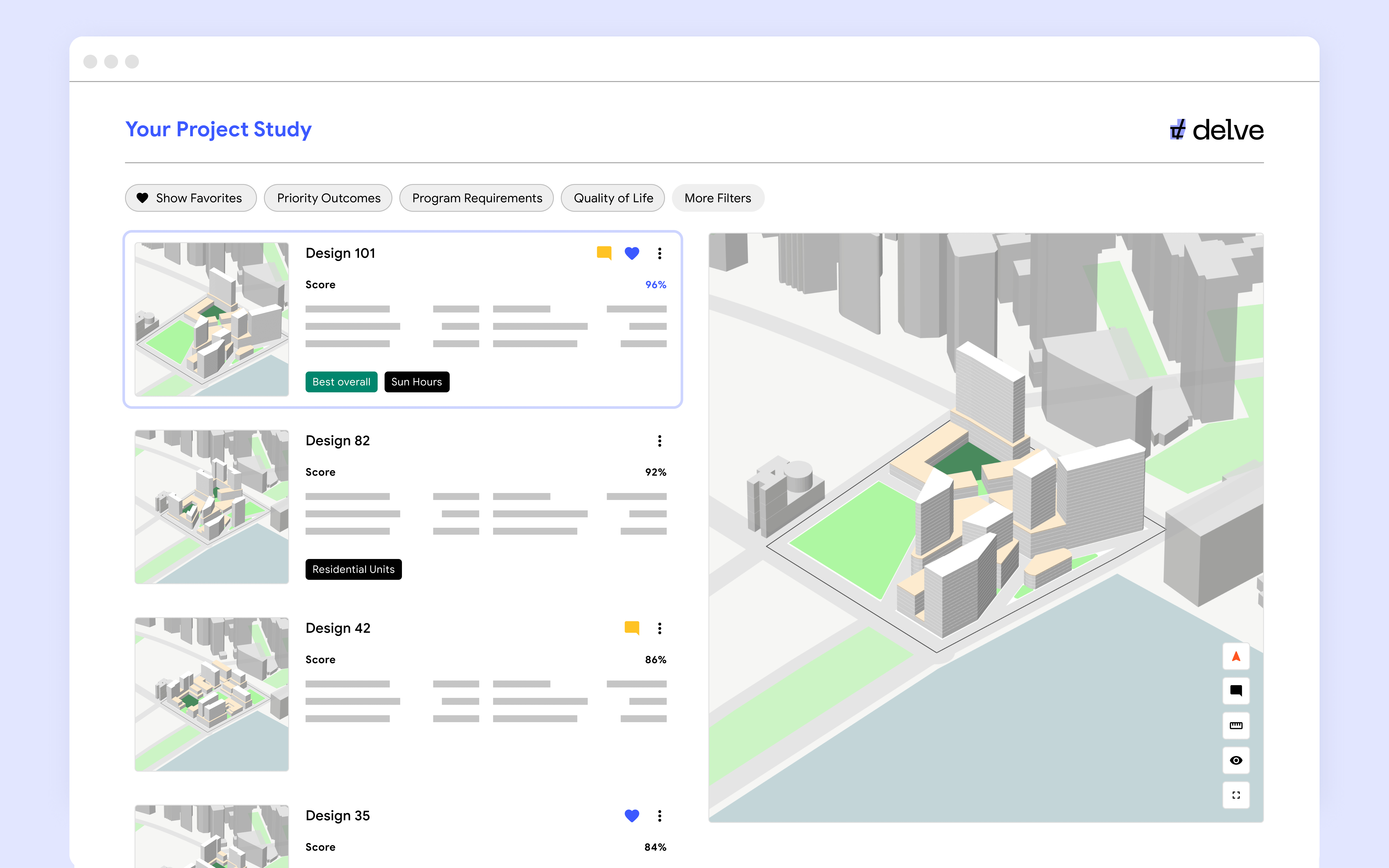 A screenshot of the Delve product showing neighborhood design options and outcome scores.