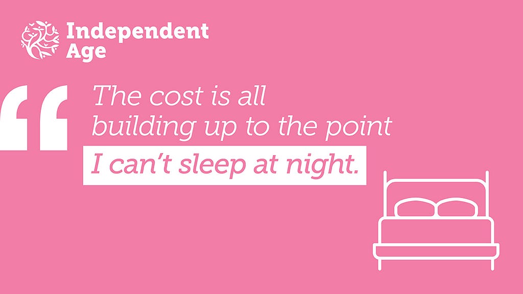 Pink graphic featuring an illustration of a bed with a quote. Text reads: The cost is all building up to the point I can’t sleep at night.