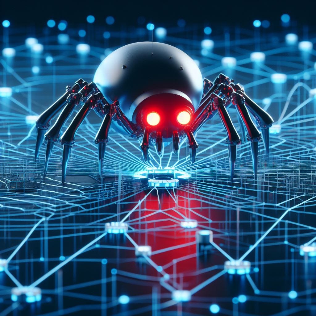 A robotic spider stands on the web
