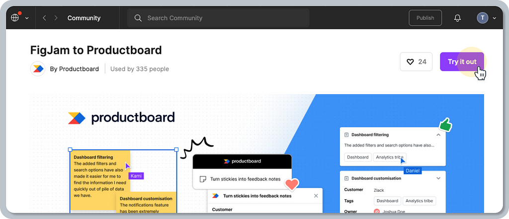 A screenshot showing the FigJam to Productboard app detail on Figma’s Community page. The highlight shows a call to action labeled “Try it out”.
