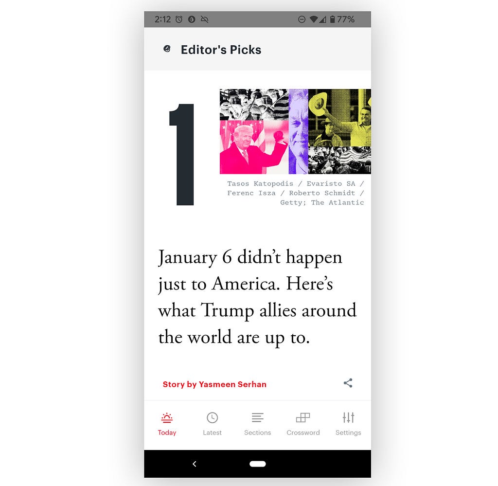An image of the app with a story about the January 6 inserrecution.