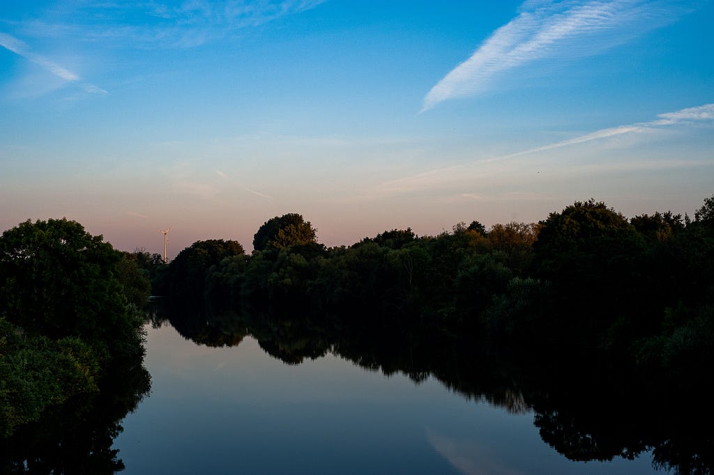 The Ruhr river wetlands at sun rise. Mülheim a. d. Ruhr, Germany, August 10, 2022.