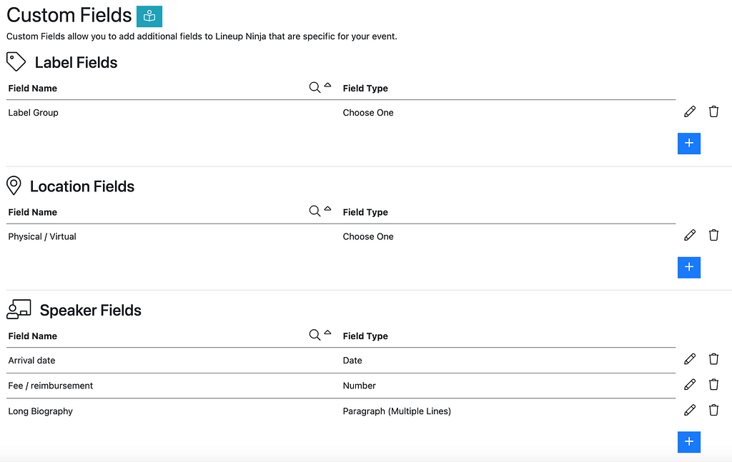 Screenshot of custom fields list in Lineup Ninja