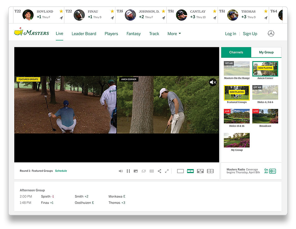 Masters.com Live Streaming Multiple Groups