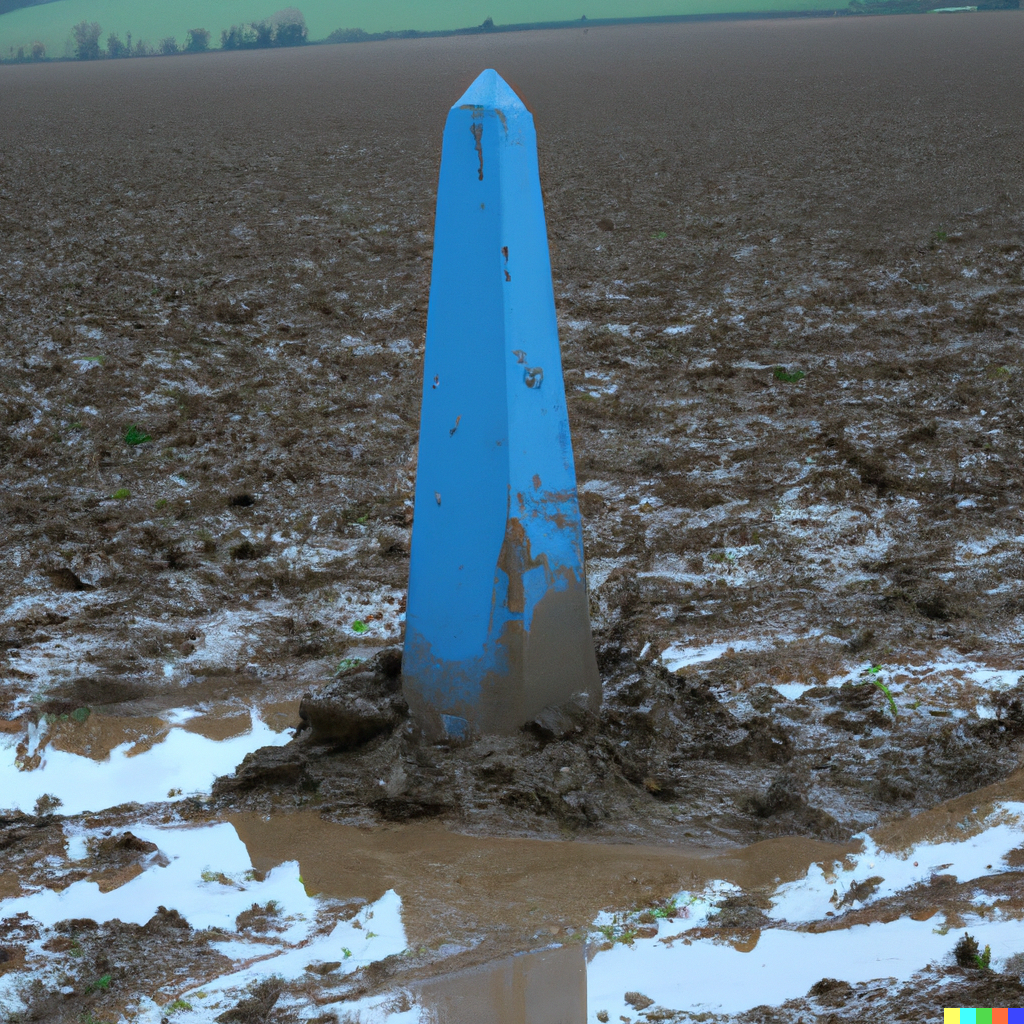 Beautiful pale blue obelisk sinking in to a rising field of mud