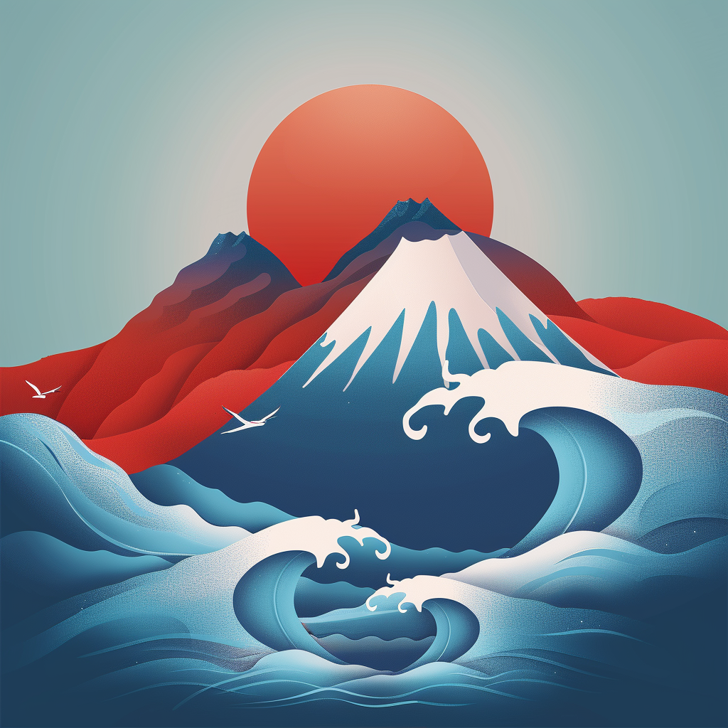 Ukiyo-e art style, fuji mountain with a blue wave in front