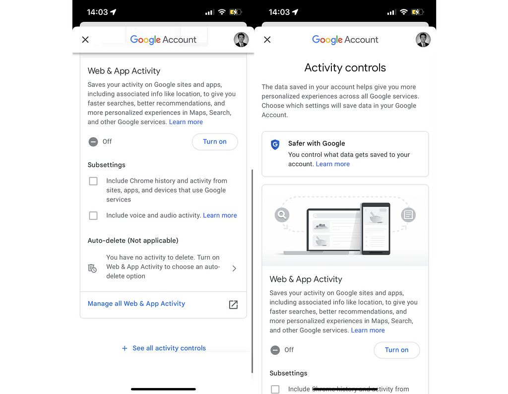 Screenshots of activity controls settings pages within Google Maps