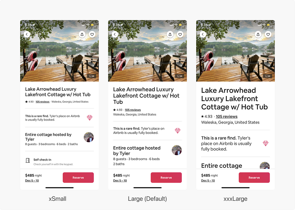 An Airbnb listing shown at xSmall, Large, and xxxLarge Dynamic Type sizes. There is no truncation visible at all.