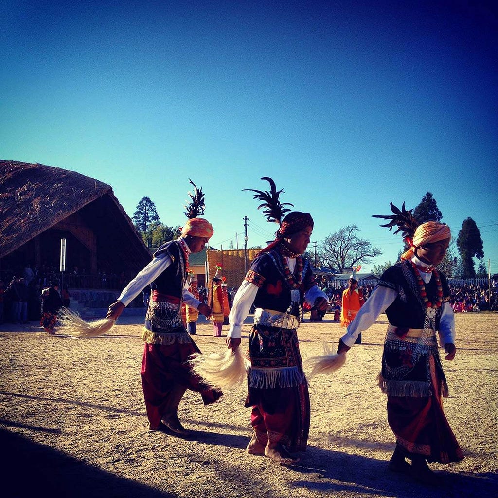 Young people can be seen taking part in an annual traditional ceremony of the Khasi tribe called Shad Nongkrem (Dance of Nongkrem).