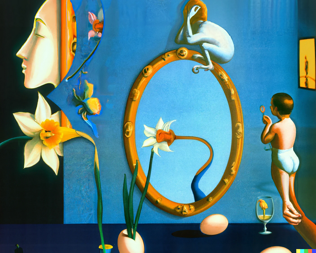 Prompt: Mirror Stage as Dalí’s ‘Metamorphosis of Narcissus’, in the style of an oil painting.