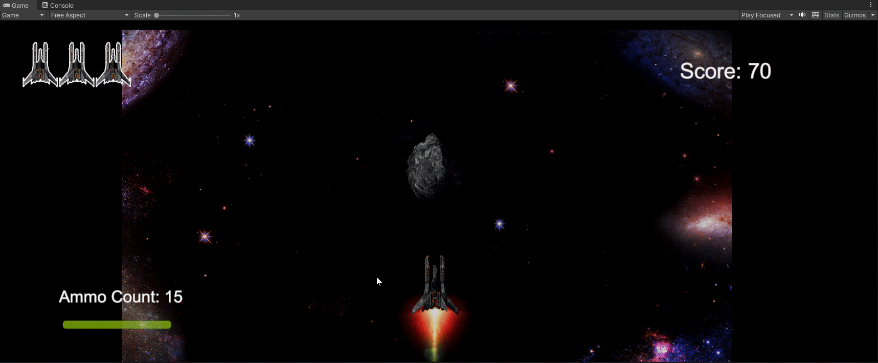 Gif of 2D space shooter game showing the enemyies moving downscreen diagonally.