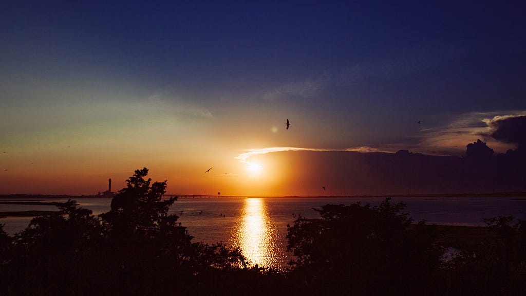 a colorful sunset over a bay with birds flying in the sky