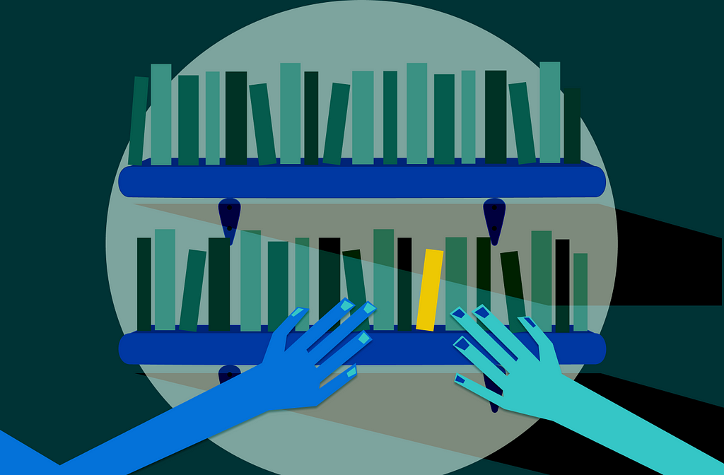 Illustration of bookshelves and two arms reaching for a bright yellow book