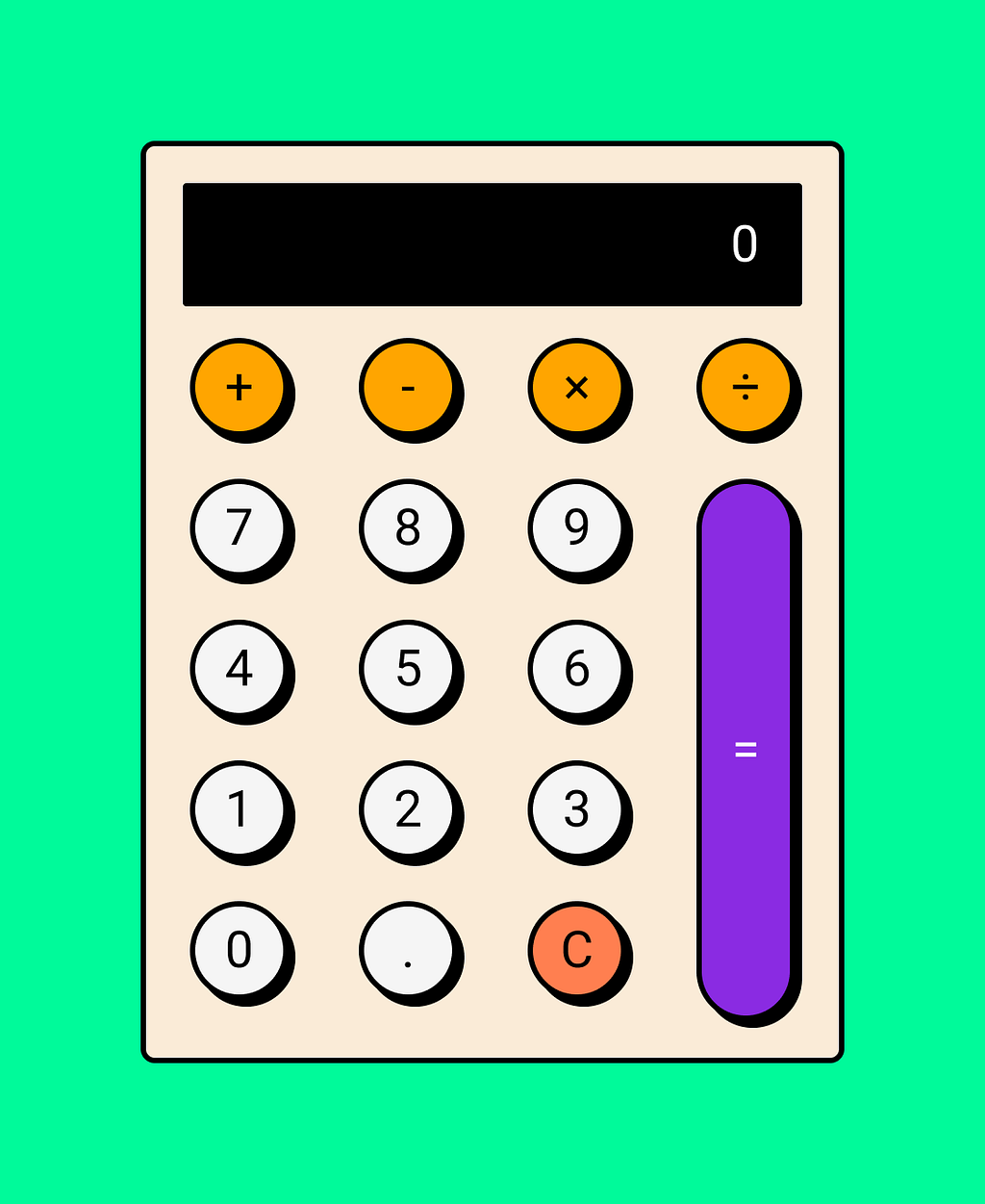 A digital version of a physical old-school calculator with a brutal design style.