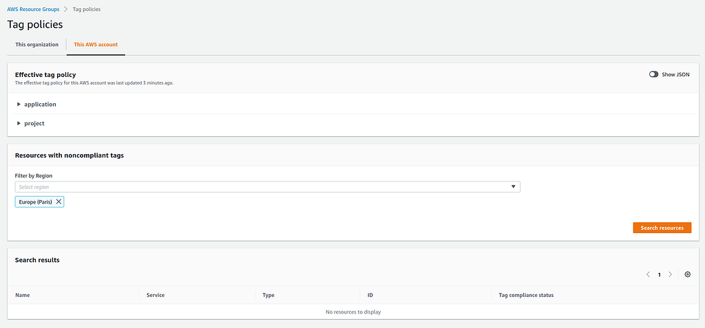 Under dashboard for tag policy we can see existing one and have the possibility to search non compliant resources in our AWS organization and filter by region