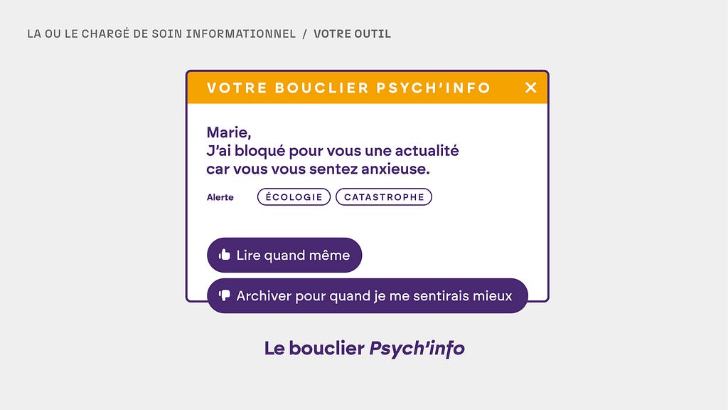 L’interface du bouclier Psych’info, protégeant l’utilisatrice d’une actualité pouvant entretenir son éco-anxiété.