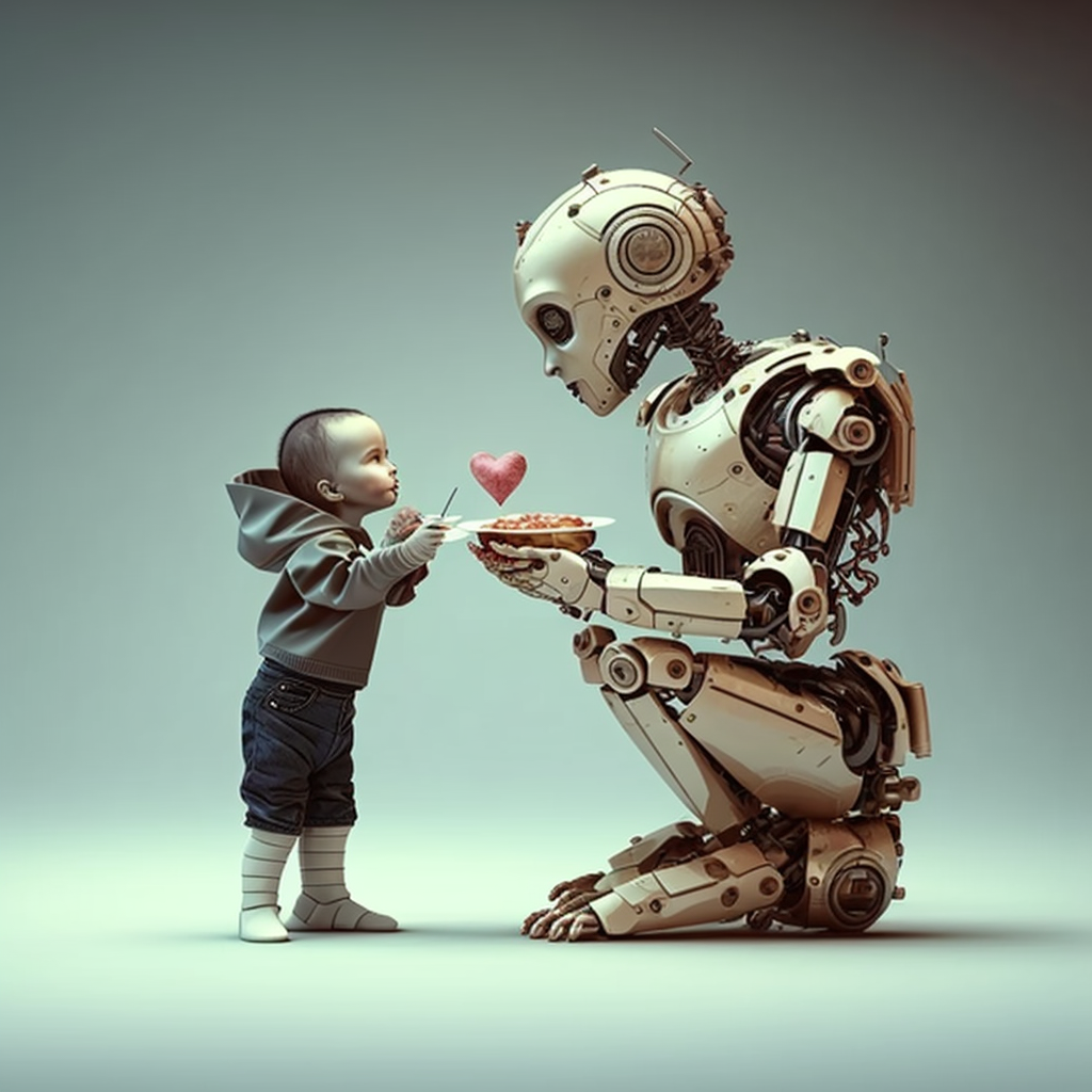 A small child being taken care of by a large robot. The robot is lovingly sharing a plate of food.