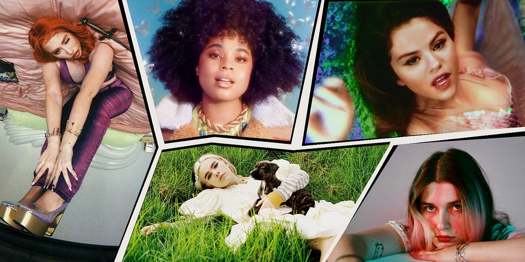 Clockwise from left: Kali Uchis, Tayla Parx, Selena Gomez, , Baby Queen, and BENEE.