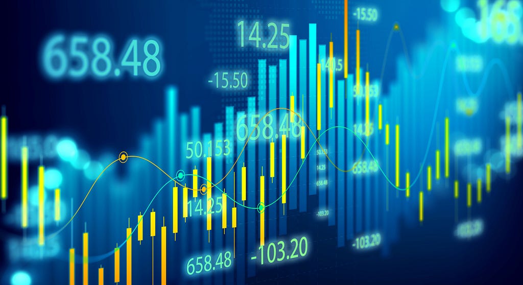 Illustration of forex charts and diagrams stock market display on board. Investment and trading on stock market concept.