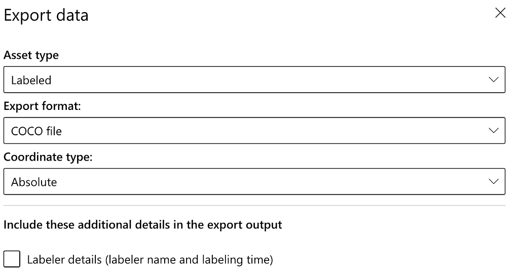 Screenshot of the Azure ML Studio Data Labeling project’s label export dialog.